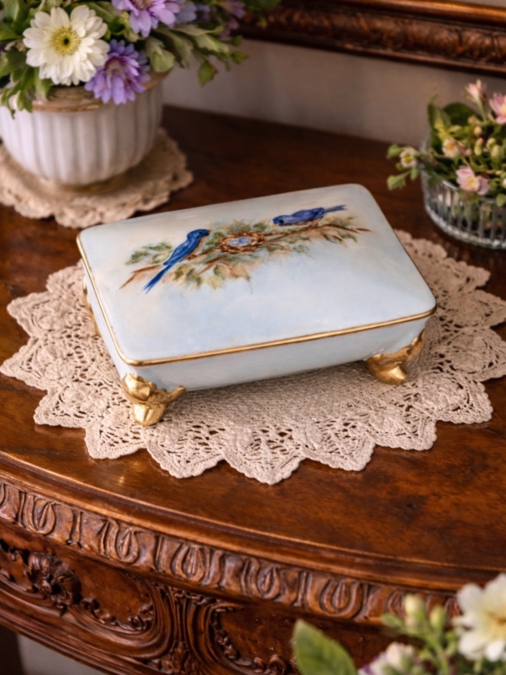 Vintage Bluebirds Porcelain Footed Trinket Box